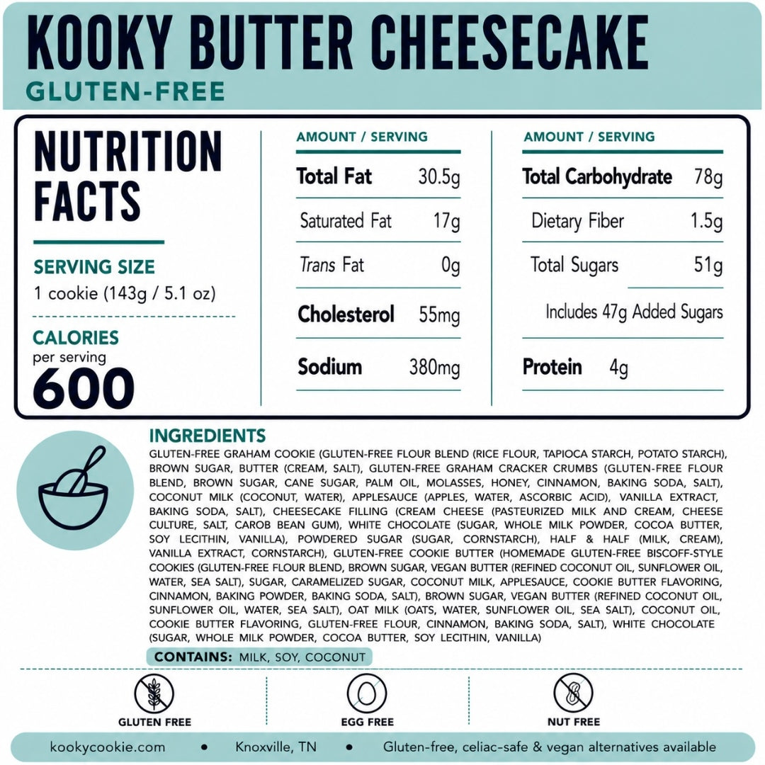 GF Kooky Butter Cheesecake Nutrition Label