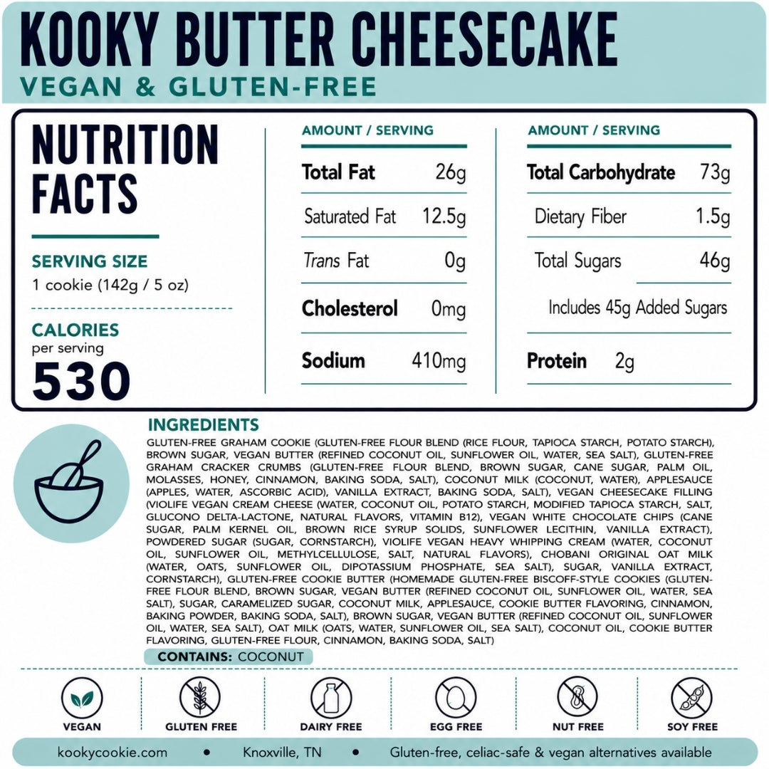Vegan GF Kooky Butter Cheesecake Nutrition Label