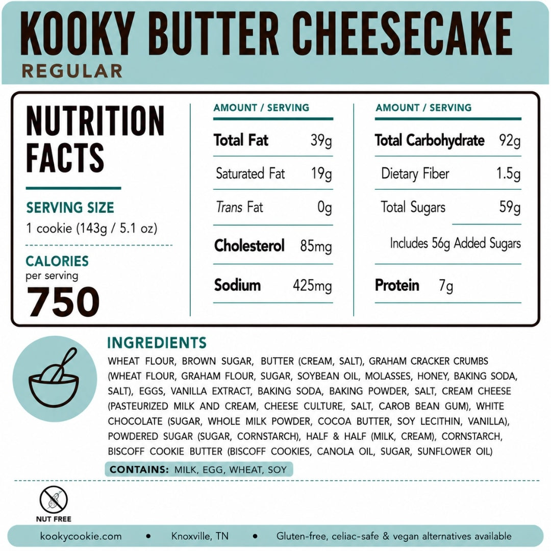 Kooky Butter Cheesecake Nutrition Label